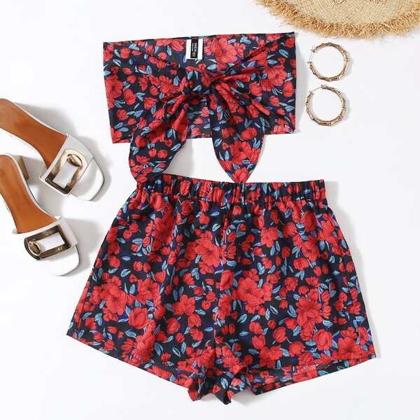 

Tie Front Floral Tube Top & Shorts Set, Multicolor