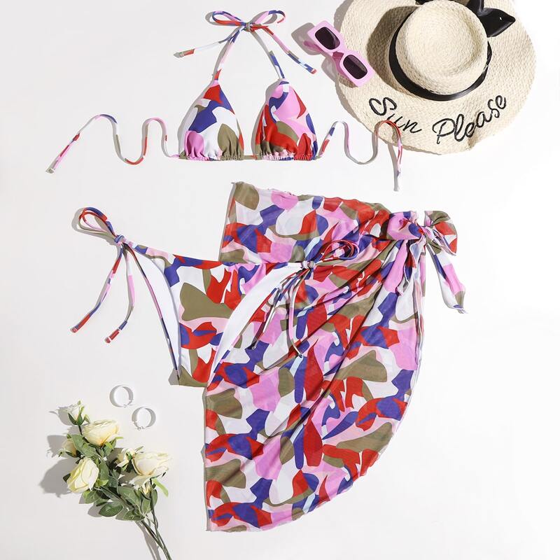 

3pack Colorblock Tie Side Bikini Swimsuit & Beach Skirt, Multicolor