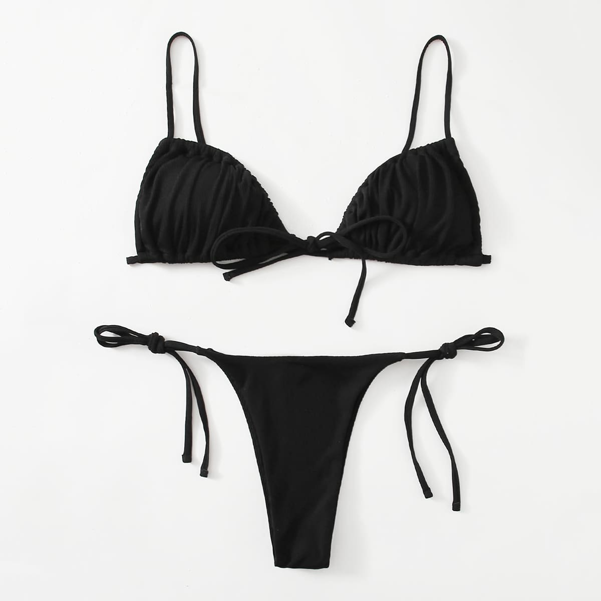 

Solid Ruched Tie Side Bikini Swimsuit, Black