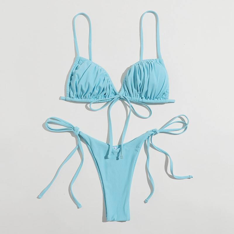 

Solid Ruched Tie Side Bikini Swimsuit, Baby blue