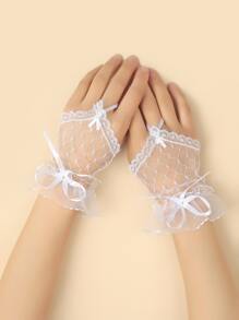 1Pair Classic Bow Decor Lace Gloves Premium Quality Valentine's Day Valentines Autumn Accessories - White - View 1