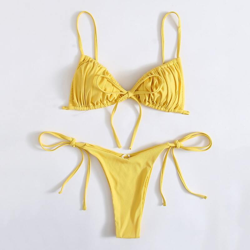 

Solid Ruched Tie Side Bikini Swimsuit, Yellow