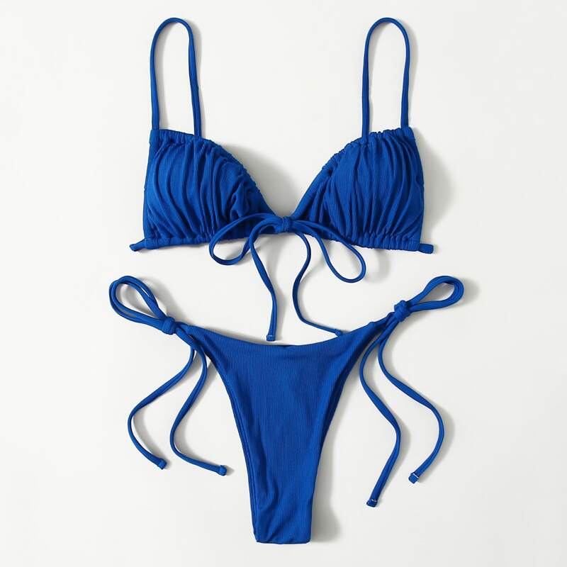 

Solid Ruched Tie Side Bikini Swimsuit, Royal blue