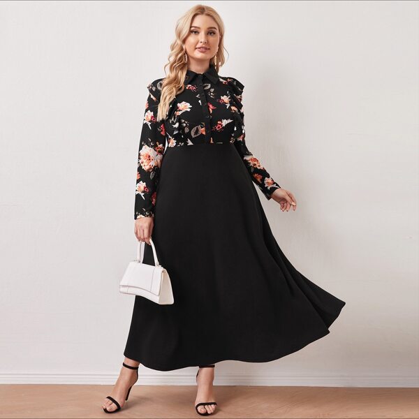 

Plus Floral Print Ruffle Trim Shirt Dress, Black