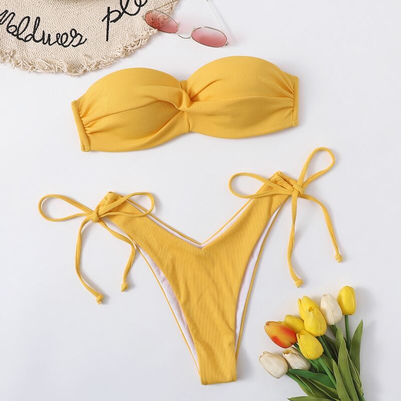 

Drawstring High Leg Bikini Swimsuit, Yellow
