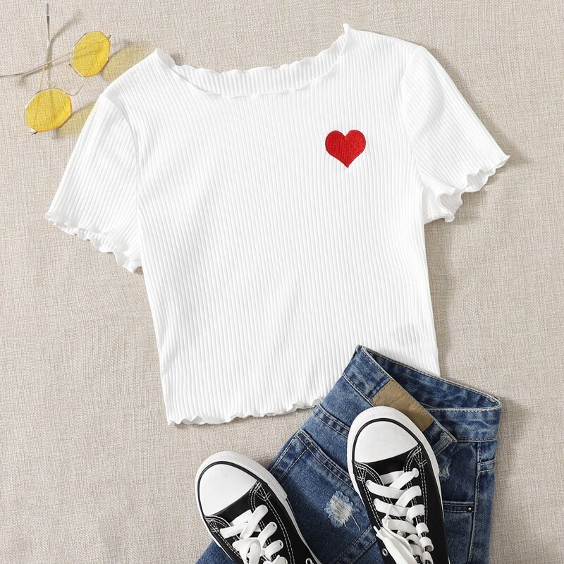 

Lettuce Trim Heart Embroidery Top, White