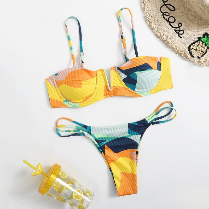 

Colorblock Underwire Thong Bikini Swimsuit, Multicolor