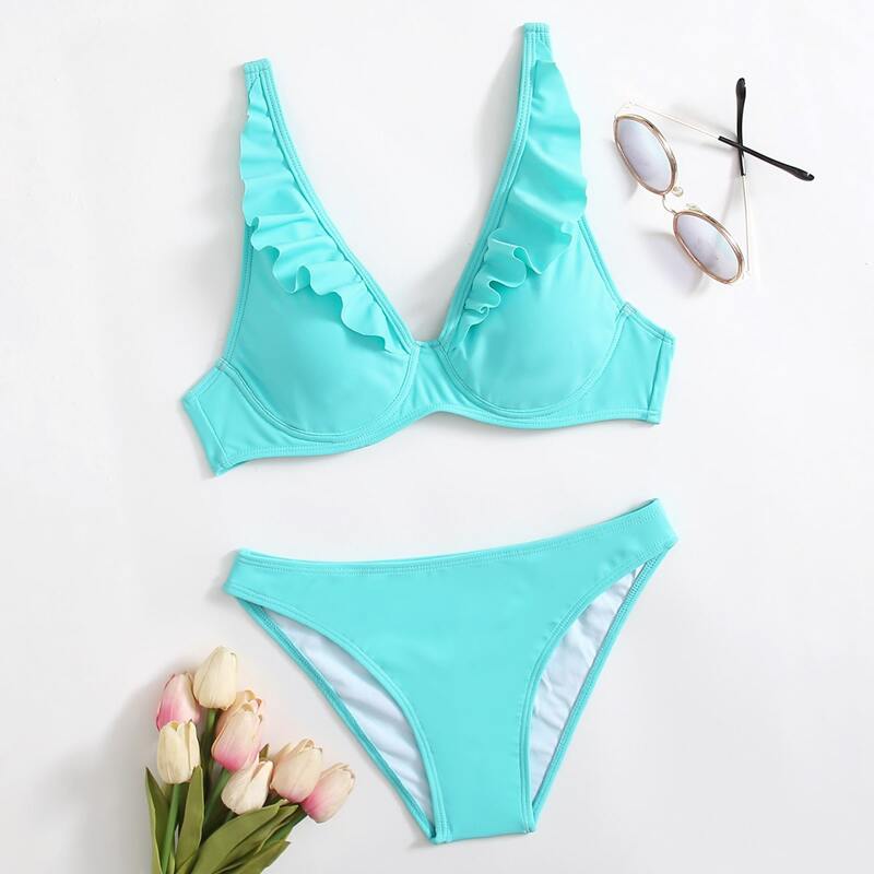 

Ruffle Trim Underwire Bikini Swimsuit, Mint blue