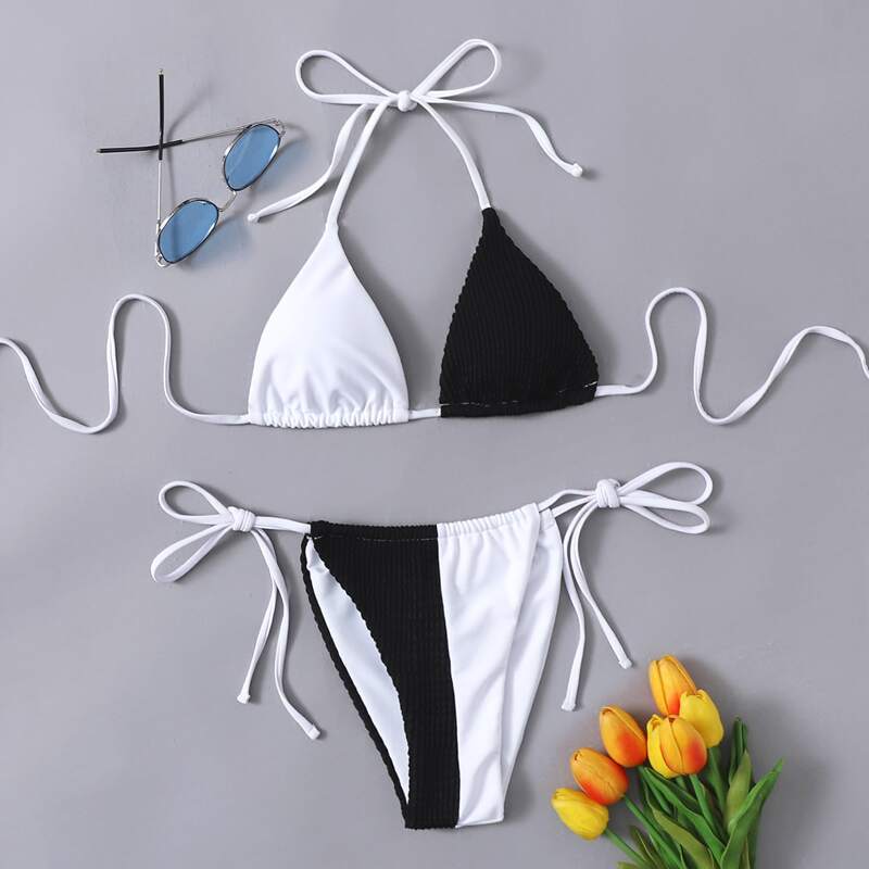 

Colorblock Halter Tie Side Bikini Swimsuit, Black and white