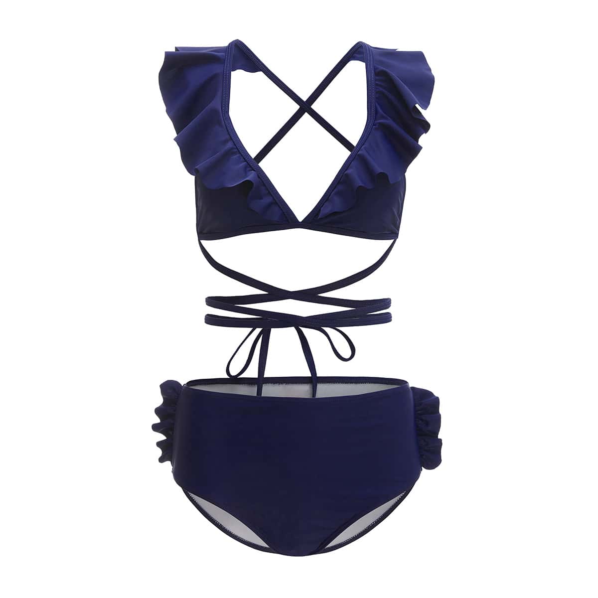 

Ruffle Trim Crisscross Bikini Swimsuit, Navy blue