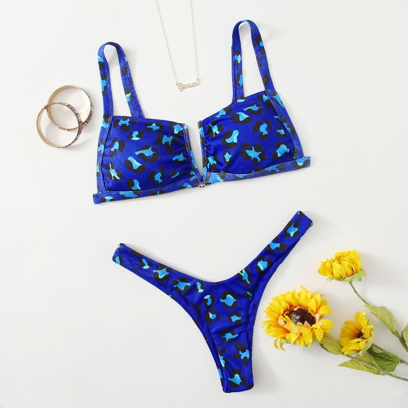 

Leopard V-wired Thong Bikini Swimsuit, Royal blue
