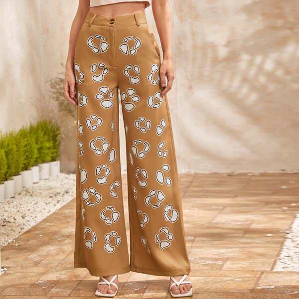 

Graphic Print Wide Leg Pants, Khaki