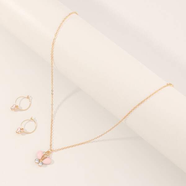 

1pc Girls Butterfly Pendant Necklace & 1pair Earrings, Pink