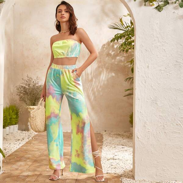 

Tie Dye Tube Top & Split Thigh Pants Set, Multicolor