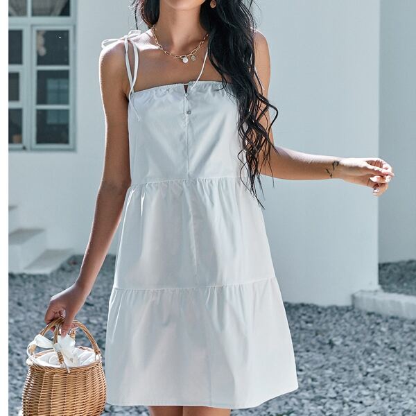 

Knot Shoulder Ruffle Hem Cami Dress, White