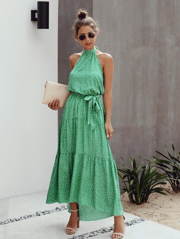 green emerald velvet dress Fashion Polka Dot Boho Ruffle Mini Dress with Front Knot  Victoria Ronaldo