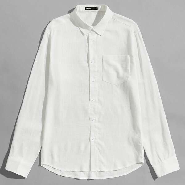 

Men Patch Pocket Curved Hem Solid Shirt, White