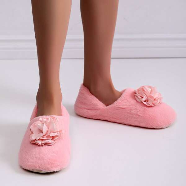 

Flower Decor Fluffy Slippers, Pink