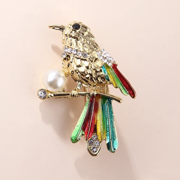 

Faux Pearl Decor Bird Design Brooch, Gold