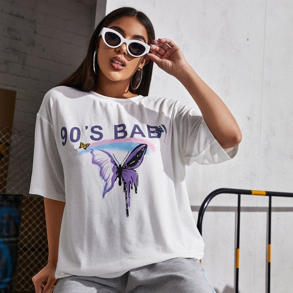 

Butterfly And Letter Graphic Tee, White