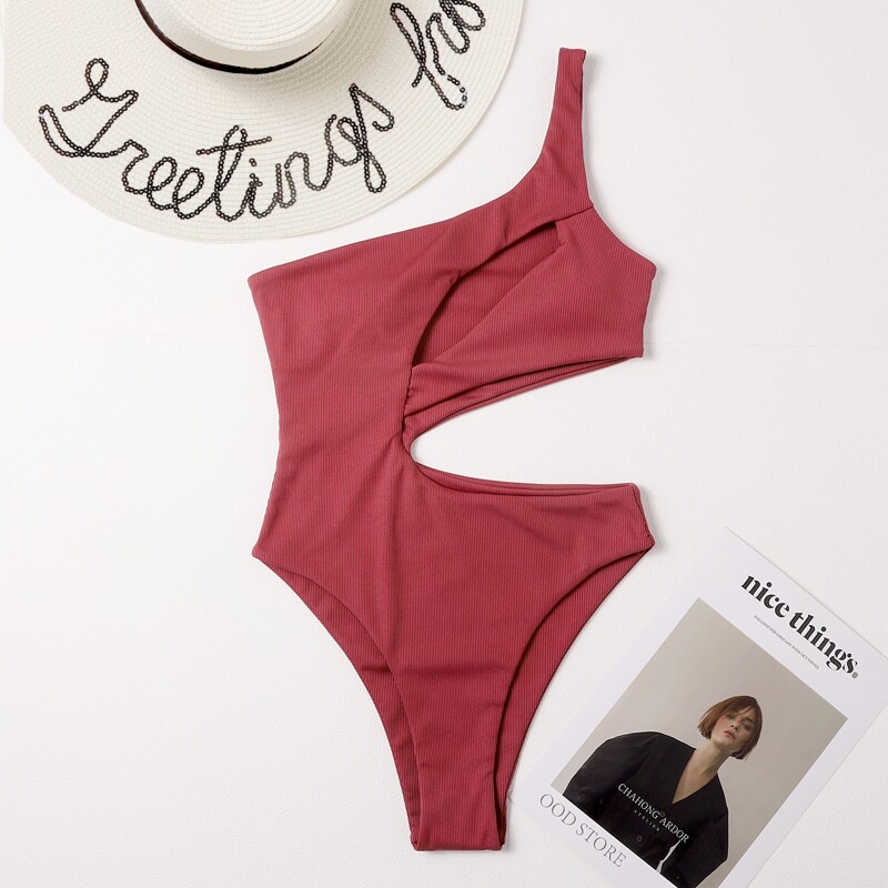 

Solid One Shoulder Cut Out One Piece Swimsuit, Redwood
