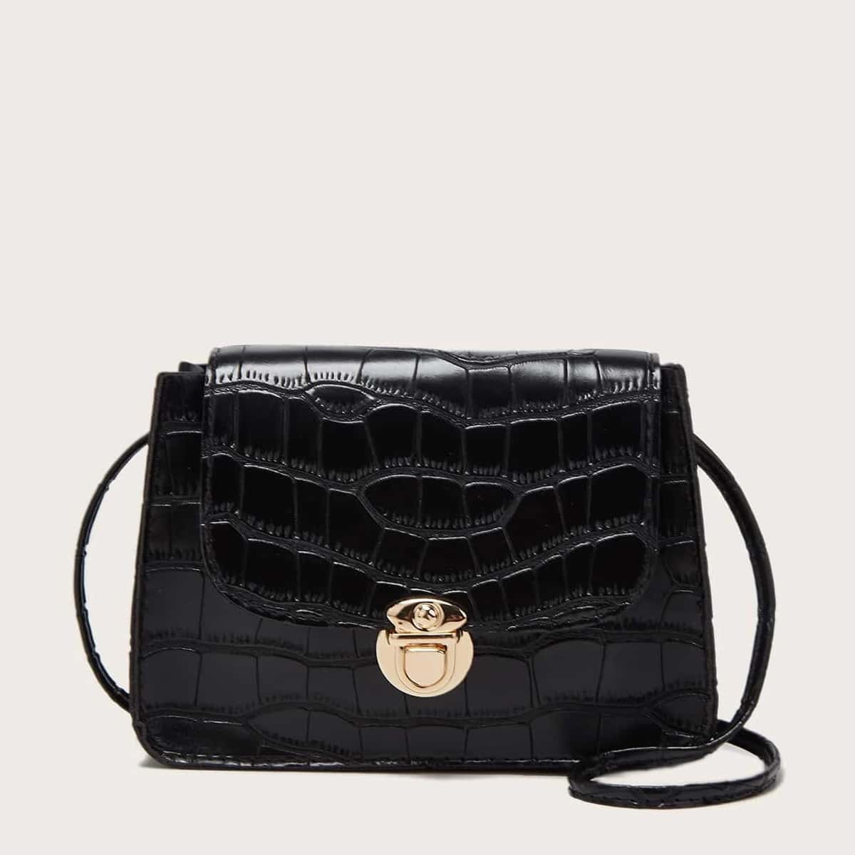 

Croc Embossed Push Lock Crossbody Bag, Black
