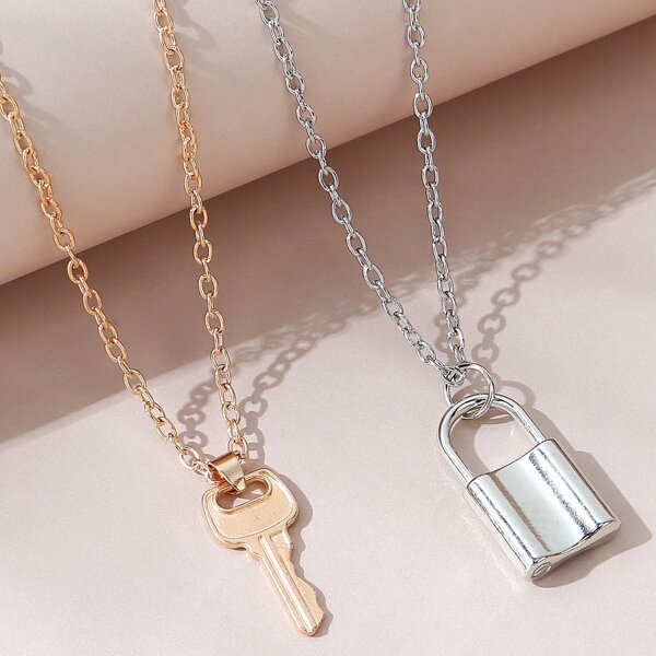 

2pcs Couple Lock & Key Charm Necklace, Multicolor