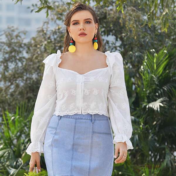 

Plus Schiffy Ruffle Trim Button Front Milkmaid Blouse, White