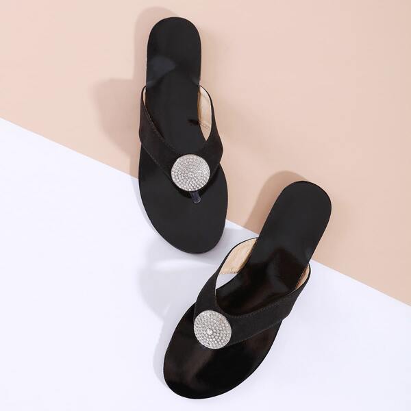 

Rhinestone Decor Flat Thong Sandals, Black