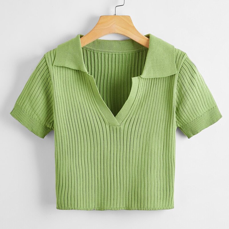 

Solid Collar Ribbed Knit Top, Lime green
