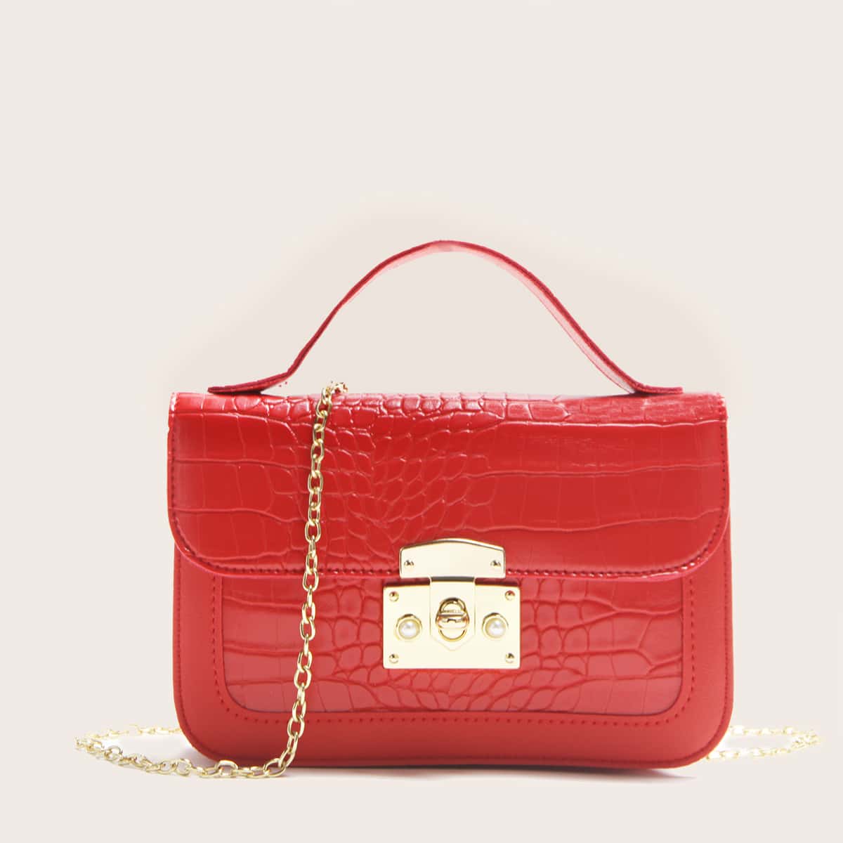 

Croc Embossed Chain Satchel Bag, Red