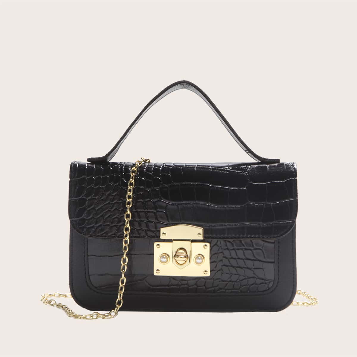 

Croc Embossed Chain Satchel Bag, Black