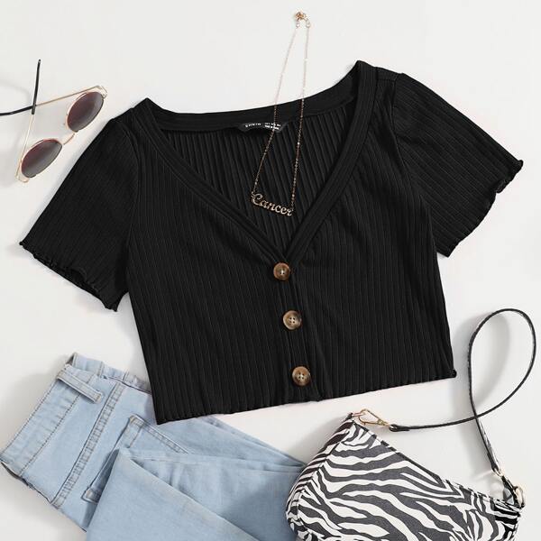 

Button Front Rib-knit Crop Tee, Black