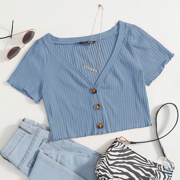 

Button Front Rib-knit Crop Tee, Pastel dusty blue