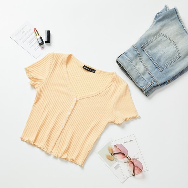 

Solid Rib Knit Lettuce Trimed Crop Knit Top, Yellow