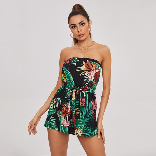 

Tropical Print Belted Tube Romper, Multicolor