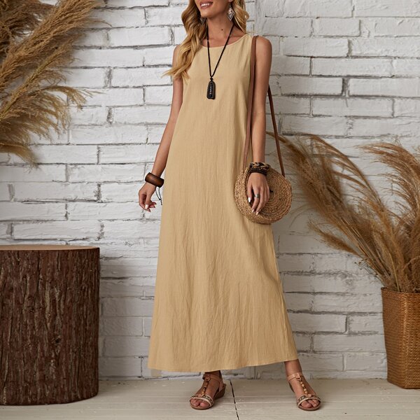 

Solid Sleeveless Tunic Dress, Apricot
