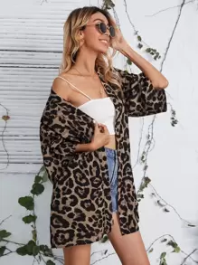 SHEIN VCAY Open Front Leopard Chiffon Kimono Summer - Multicolor - View 3