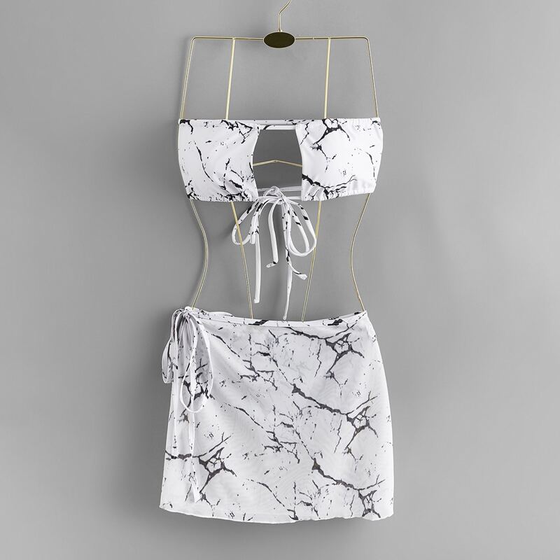 

3pack Marble Tie Side Bikini Swimsuit & Beach Skirt, White