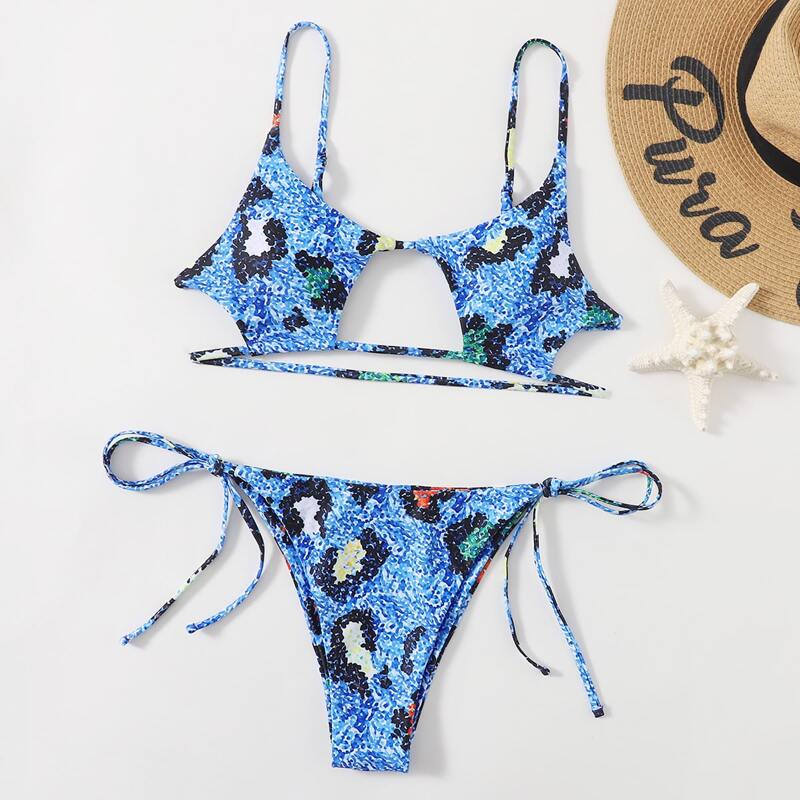 

Graphic Cut-out Tie Side Bikini Swimsuit, Multicolor