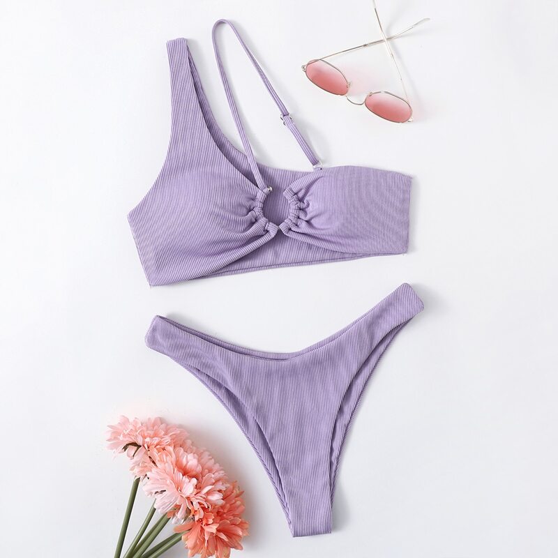 

Ring Decor One Shoulder Bikini Swimsuit, Purple