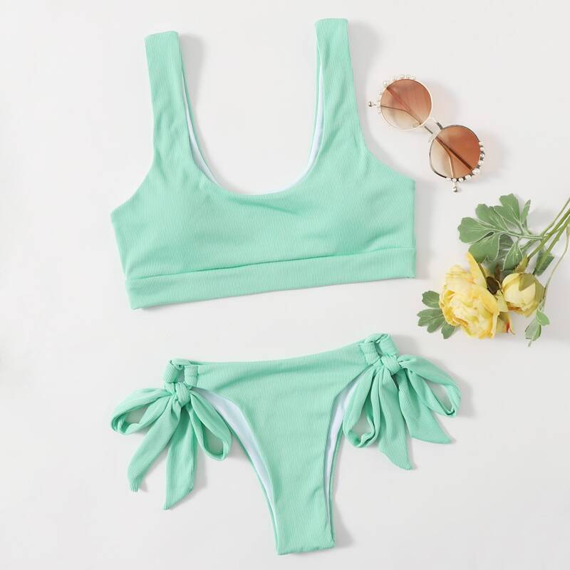 

Ribbed Tie Side Bikini Swimsuit, Green