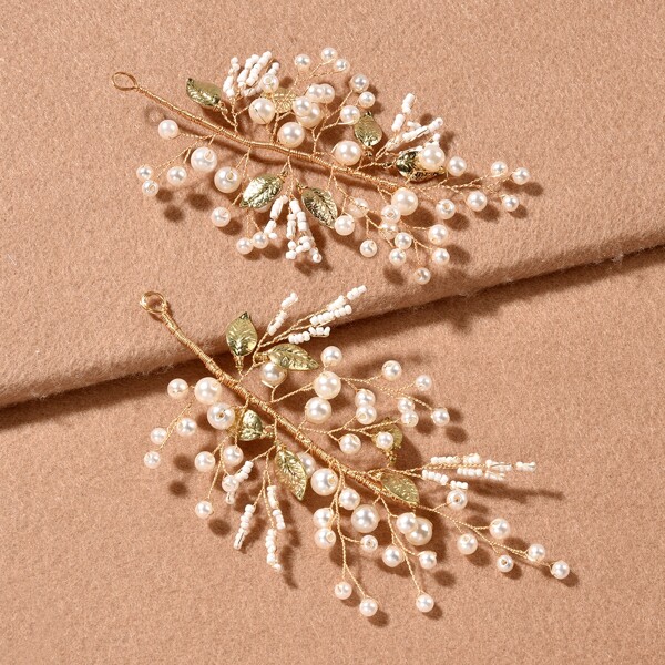 

2pcs Faux Pearl & Leaf Decor Hair Accessory, Gold