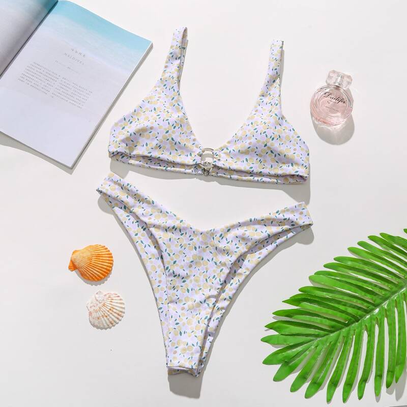 

Fruit Pattern High Leg Bikini Swimsuit, Multicolor