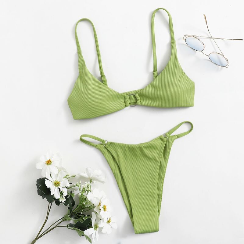 

Ring Decor Thong Bikini Swimsuit, Green