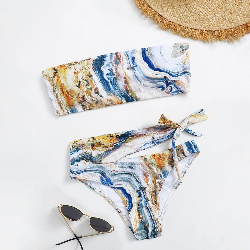 

Marble Tie Side Cut-out Bikini Swimsuit, Multicolor