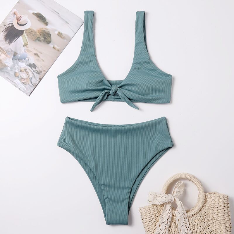 

Knot Front High Waist Bikini Swimsuit, Green