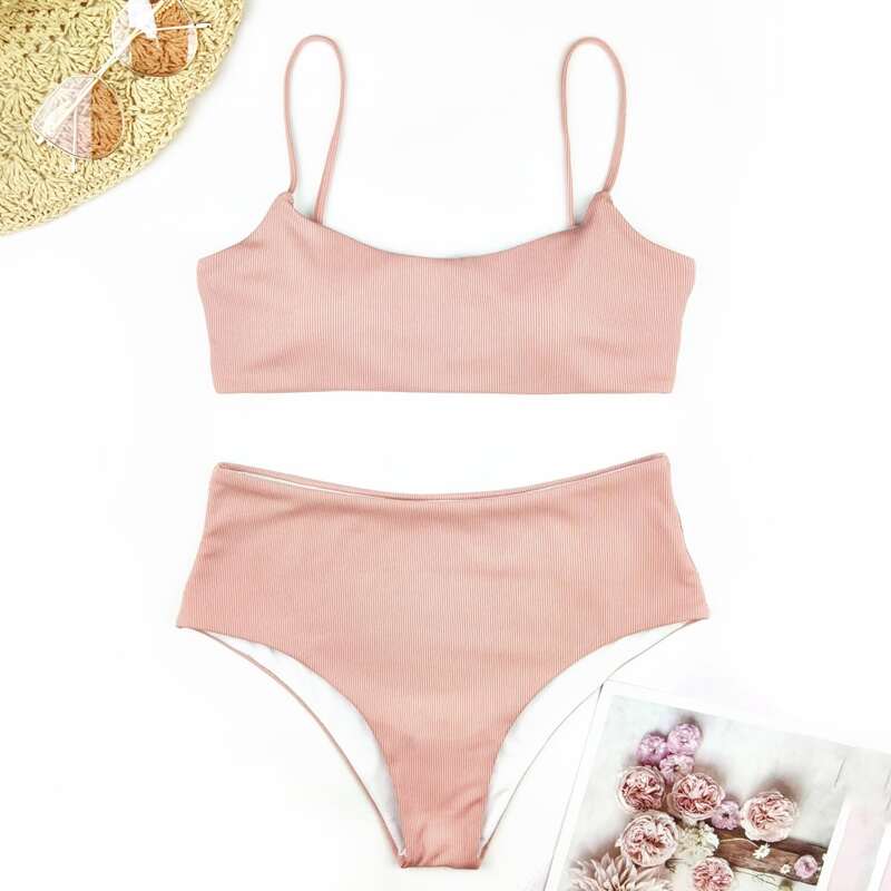 

Ribbed High Waist Bikini Swimsuit, Pink