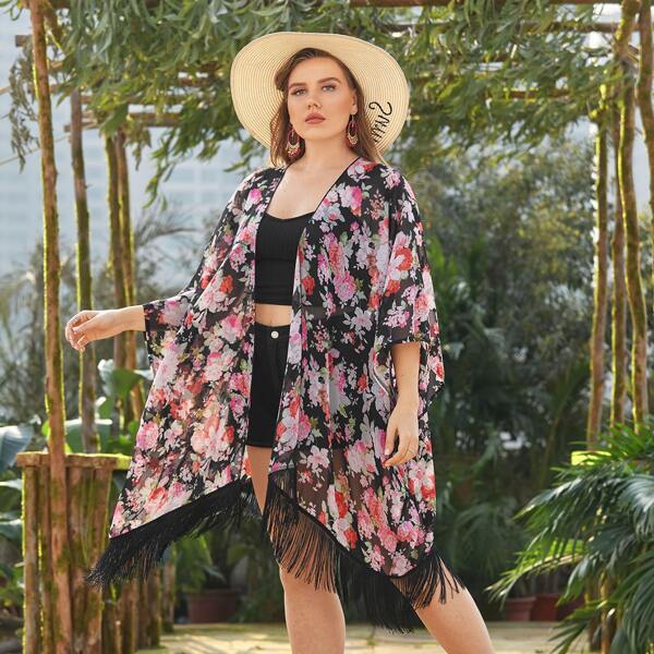 

Plus Floral Print Fringe Hem Kimono, Multicolor