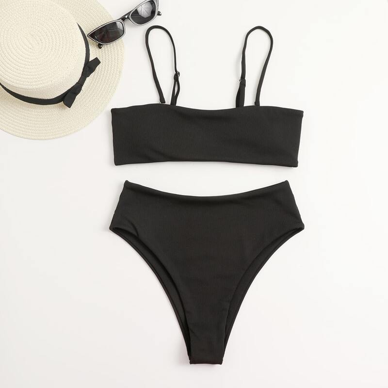 

Ribbed High Waist Bikini Swimsuit, Black